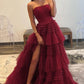 A-Line Strapless Tulle Long Prom Dress with Tiered Ruffles gh2676