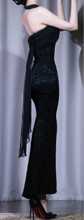 ✨Girlhomeshops-Black Halter Lace Prom Gown Ruched Sweetheart Mermaid Evening Dress with Rhinestone gh10079