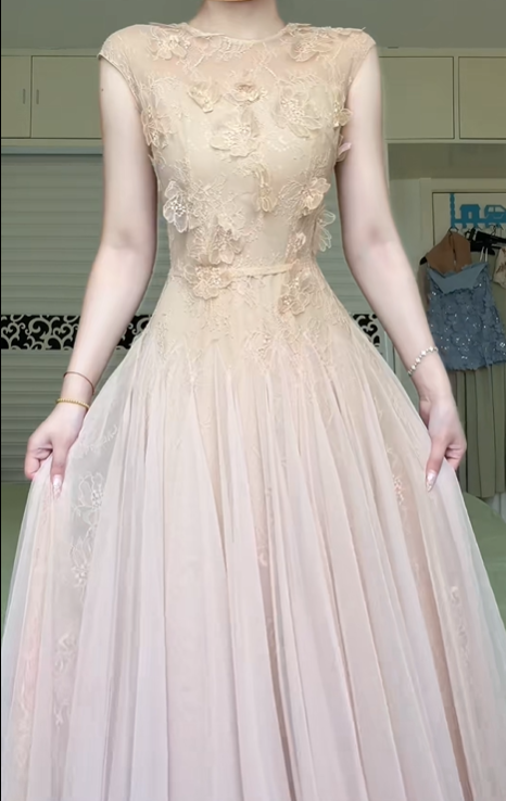 Nude Pink Sleeveless Evening Gown, 3D Floral Lace Tulle A‑Line Long Prom Dress With Cap Sleeve for Banquet Party gh8954