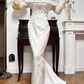 Ivory Vintage Off‑the‑Shoulder Satin Mermaid Lace‑Appliqué Long Train Wedding Dress gh8769