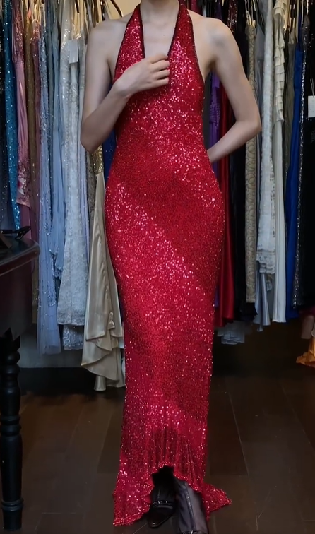 Halter Red Sequin Prom Dress Deep V Neck All Over Sparkle Mermaid Ruffle Hem Formal Evening Gown gh9824