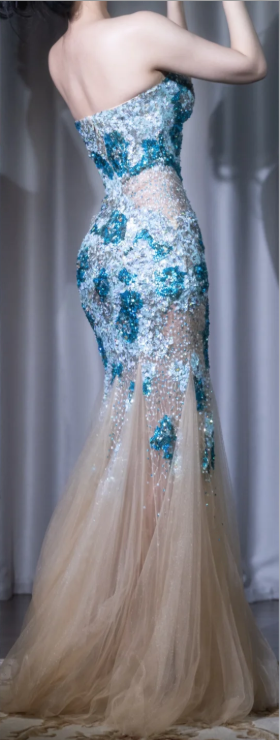 ✨Girlhomeshops-Strapless Sweetheart Mermaid Prom Gown Blue White Ombre Sequin Beaded High Slit Champagne Tulle Train Evening Dress gh10072