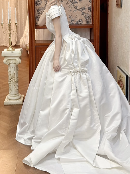 White Vintage Satin Ball Gown Wedding Prom Dress, Square Off‑the‑Shoulder Puff Sleeves, 3D Fabric Roses, Voluminous Pleated Skirt gh8708