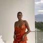 Robe de soirée longue sirène à bretelles spaghetti orange sexy à ourlet à volants, robe d'invité de mariage, robe de bal, robe de soirée moulante irrégulière gh3036