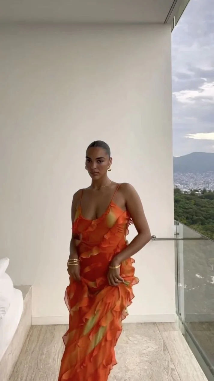 Robe de soirée longue sirène à bretelles spaghetti orange sexy à ourlet à volants, robe d'invité de mariage, robe de bal, robe de soirée moulante irrégulière gh3036