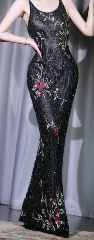 ✨Girlhomeshops-Floral Embroidered Sequin Mermaid Prom Dress Black U Neck Backless Evening Gown gh9957