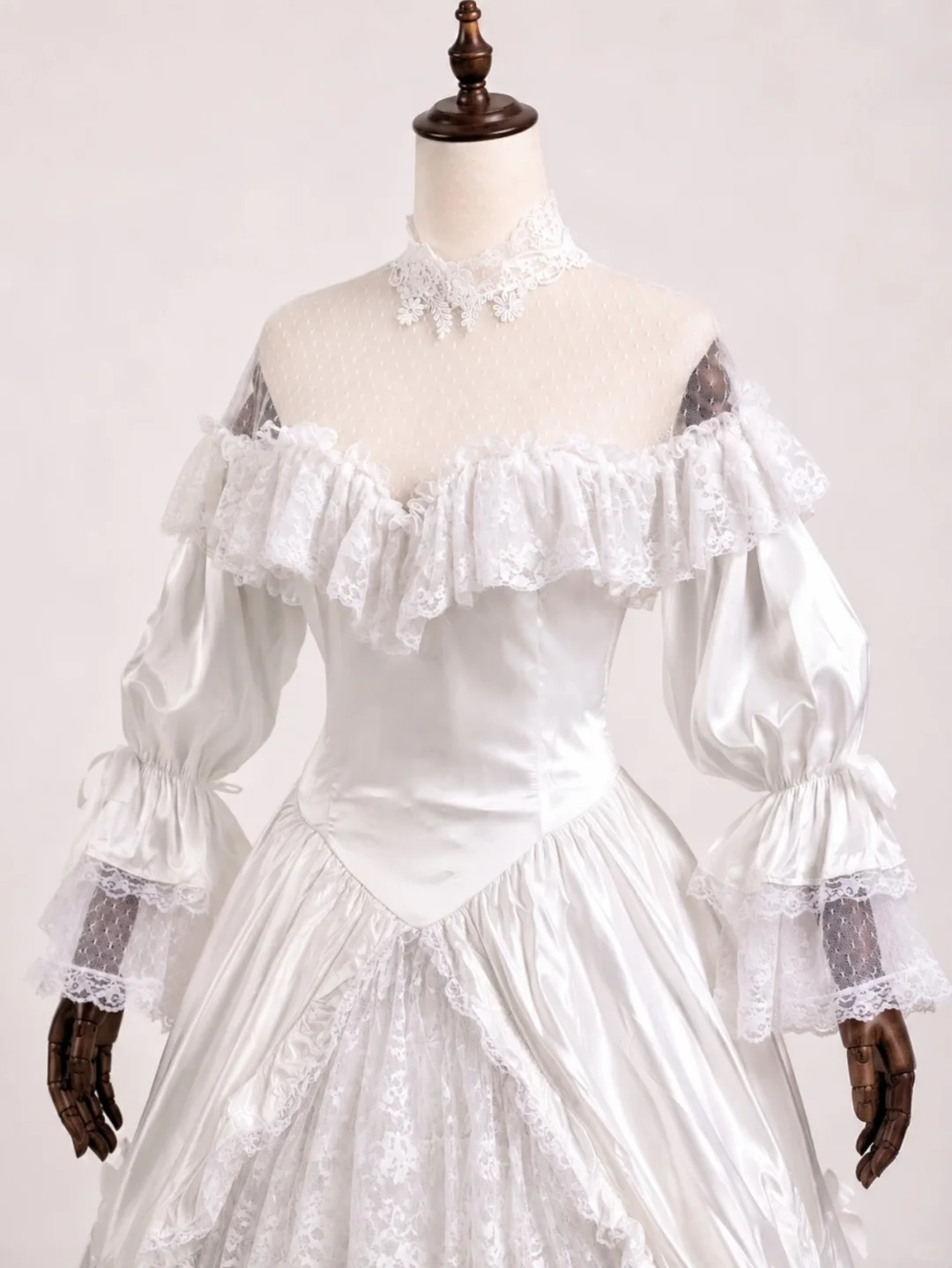 White Vintage Rococo Ball Gown, Off‑Shoulder Ruffle Neck Puff Long Sleeve Detachable Lace High Collar Multi‑Layer Lace Cake Skirt Satin Formal Dress gh9084