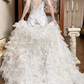 White Vintage Tulle Wedding Ball Gown, Tassel Fringe Illusion Round Neck Over Sweetheart Neck, 3D Floral Ruffle Puff Short Sleeves, Heavy Beaded Lace Appliqué Bodice, Voluminous A‑Line Tulle Skirt With Multi‑Layer Ruffle Hem, Prom Dress gh8655