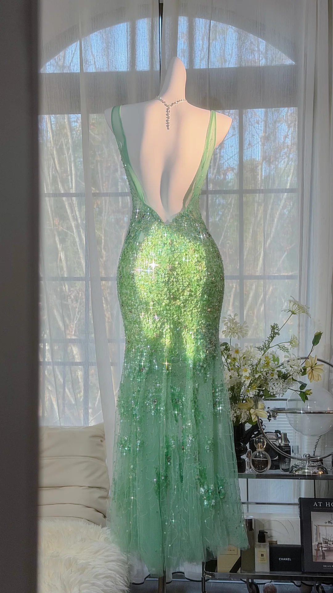 Mint Green V-Neck Sleeveless Fully Sequined Beaded Mermaid Evening Dress, Prom Gown gh9525