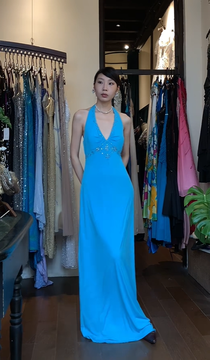 Turquoise Halter Long Formal Gown Chiffon Hand Beaded Maxi Evening Dress gh9649