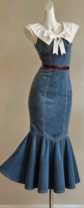 Sleeveless Denim Homecoming Dress White Sailor Collar Bow Belted Mermaid Midi Formal Gown gh9484