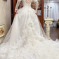 Ivory Vintage Tulle Ball Gown Wedding Prom Dress, Lace High Neck Illusion Sweetheart, Leg‑of‑Mutton Lace 3/4 Sleeves, Pearl Lace Appliqués, Lace Ruffled Long Train gh8691