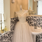 Ivory Off-the-Shoulder Check Pattern Designed Waist-Cinched A-Line Elegant Romantic Dress, Wedding Gown gh7723