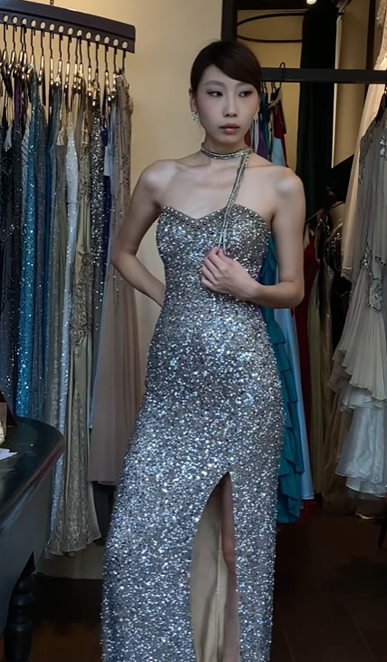 Silver Strapless Sweetheart Mermaid Evening Gown All Over Sparkle Sequin High Slit Long Prom Dress gh9714