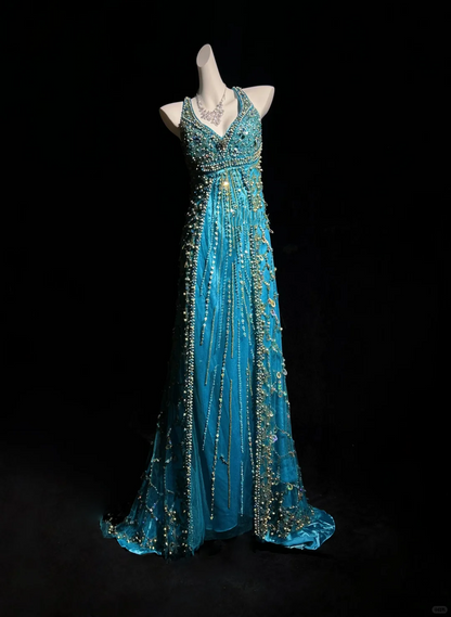 ✨Girlhomeshops-Peacock Blue Halter Beaded Rhinestone Tulle Evening Gown gh10282