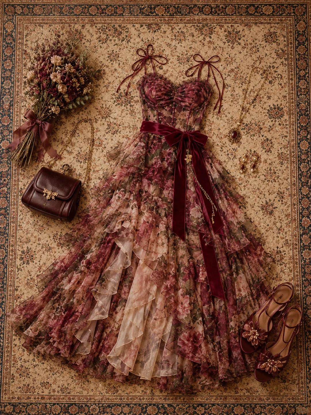 ✨Girlhomeshops-Sweetheart Floral Tulle Dress with Bow Straps, Boned Corset and Velvet Sash gh10293