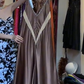 Milk Brown Satin Halter Contrast Ivory V Neck Rhinestone Front Slit Long Evening Prom Dress gh9787