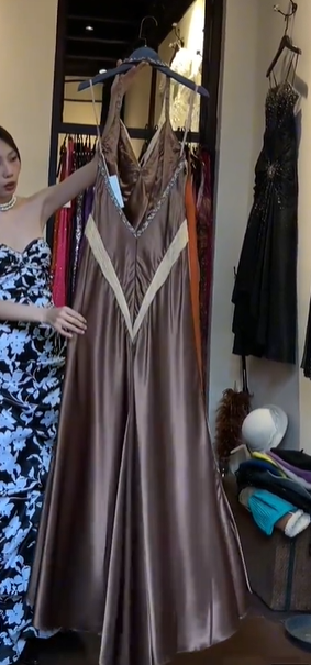 Milk Brown Satin Halter Contrast Ivory V Neck Rhinestone Front Slit Long Evening Prom Dress gh9787