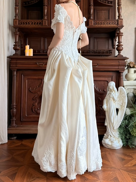 Off‑White Vintage V Off‑the‑Shoulder Lace Short Sleeve Floral Lace Appliqué Fitted Waist Textured Fabric Long Train Prom Gown, Wedding Dress gh8621
