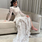Fairy White Lace Train Maxi Dress | High Neck Puff Sleeve Ruffle Dress, Gala Friends Gathering Fashion Outfit gh6453