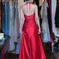Halter Bright Red Satin Evening Gown Deep V Vertical Rhinestone Ruched A-Line Long Prom Dress gh9704