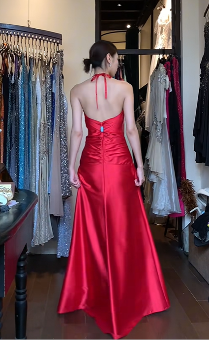 Halter Bright Red Satin Evening Gown Deep V Vertical Rhinestone Ruched A-Line Long Prom Dress gh9704