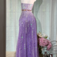 Lavender Strapless Sequin High Low Prom Dress, Beaded Waist Irregular Flowy Tulle Evening Gown, Sparkly Formal Party Dress gh9495