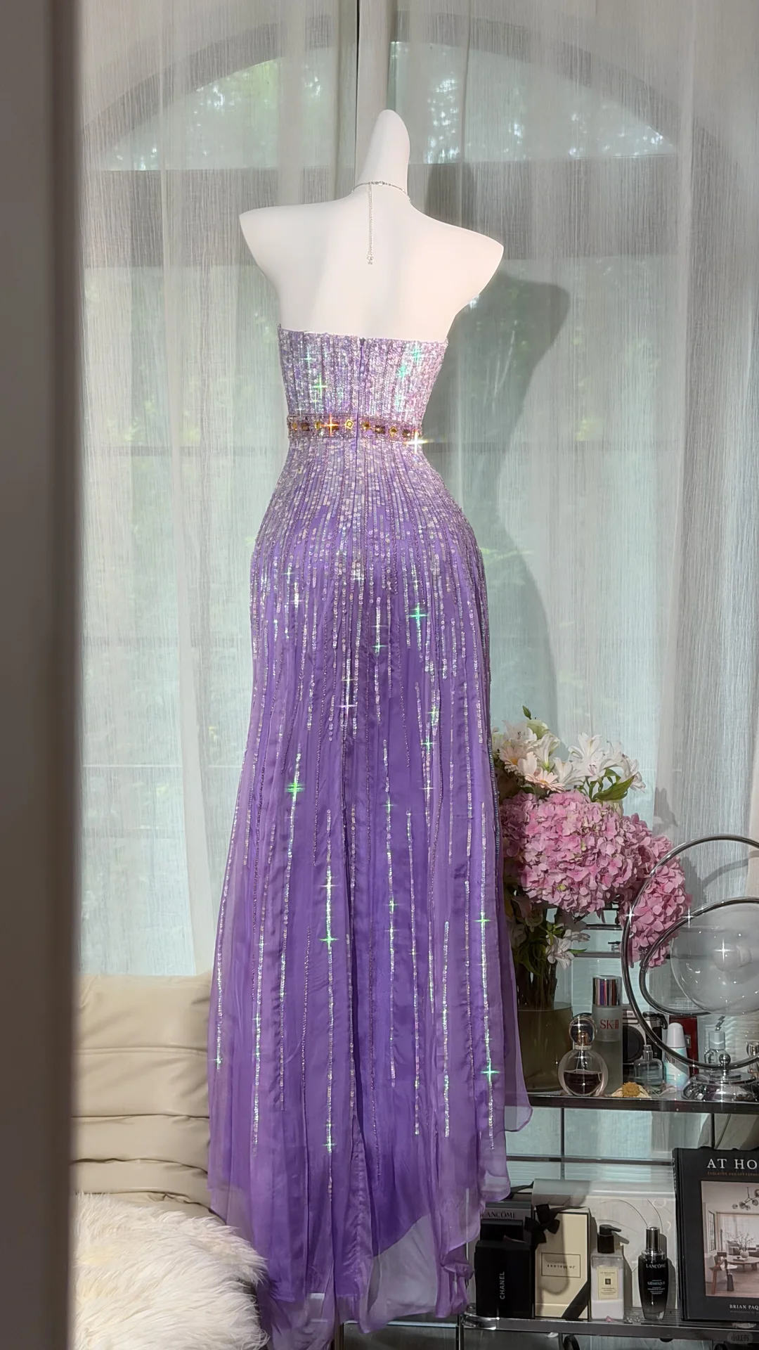 Lavender Strapless Sequin High Low Prom Dress, Beaded Waist Irregular Flowy Tulle Evening Gown, Sparkly Formal Party Dress gh9495