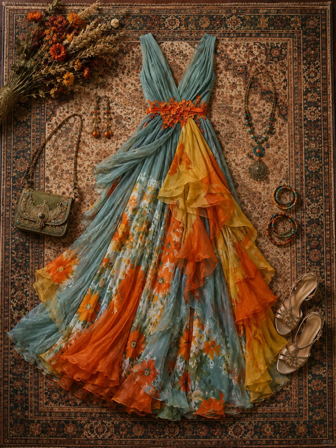 ✨Girlhomeshops-V Neck Sleeveless Floral Print Color Block Chiffon Dress with 3D Flower Waist gh10291