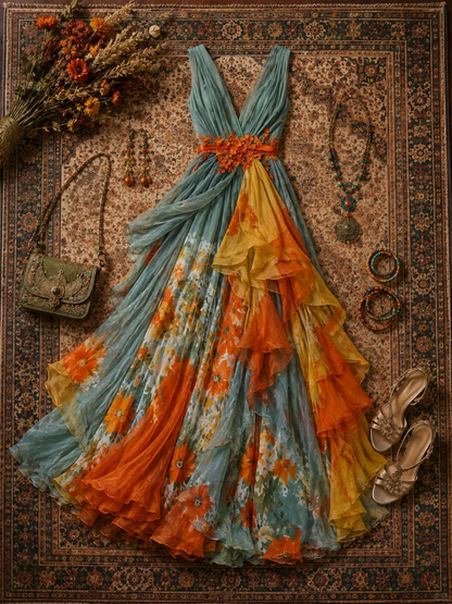 ✨Girlhomeshops-V Neck Sleeveless Floral Print Color Block Chiffon Dress with 3D Flower Waist gh10291