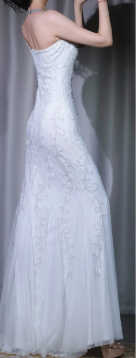 ✨Girlhomeshops-White Rhinestone Beaded Mermaid Gown Halter V Neck Tulle gh10130