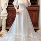 Ivory Vintage Tulle Wedding Gown, Sweetheart Neckline, Ruffle Puff Short Sleeves With Lace Appliqués, Fitted Lace Bodice, Multi‑Ribbon Trim Tulle Long Train Prom Dress gh8632