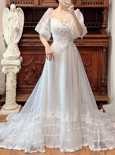 Ivory Vintage Tulle Wedding Gown, Sweetheart Neckline, Ruffle Puff Short Sleeves With Lace Appliqués, Fitted Lace Bodice, Multi‑Ribbon Trim Tulle Long Train Prom Dress gh8632