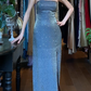 Slate Blue Vintage Prom Dress Strapless Tube Top Full Sequin Hand Beaded Bodycon Mesh Long Evening Gown With Side Slit gh9631