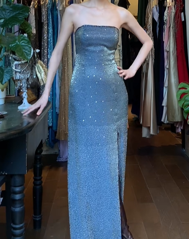Slate Blue Vintage Prom Dress Strapless Tube Top Full Sequin Hand Beaded Bodycon Mesh Long Evening Gown With Side Slit gh9631