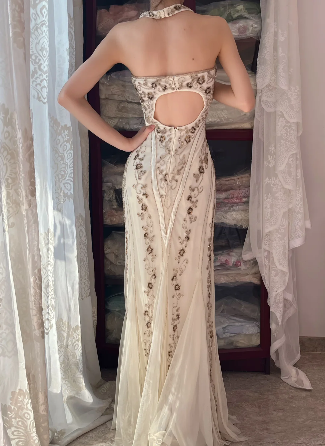Champagne Halter Gold Beaded Embroidery Vintage Mermaid Floor Length Evening Dress gh9316