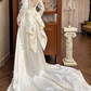 Ivory Vintage Satin Wedding Gown, V‑Neck 3D Bow Puff Shoulders, Lace Embroidered Long Sleeves, Lace Appliqués Fitted Waist, A‑Line Long Train With Scalloped Lace Hem, Prom Dress gh8665