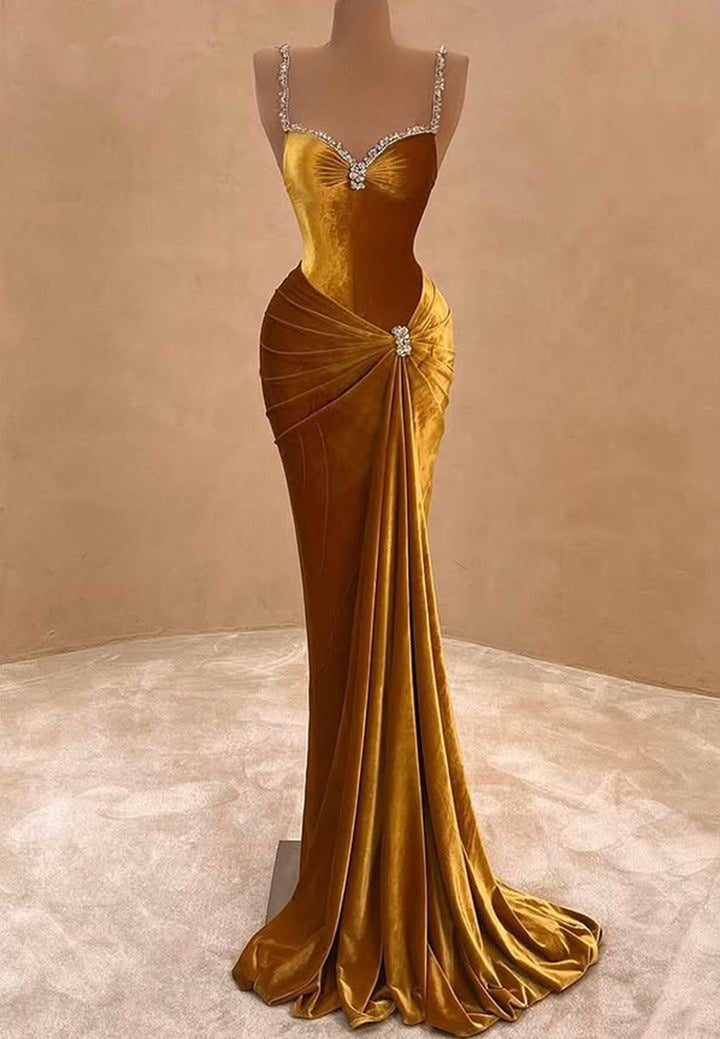 Girlhomeshops - Robe de soirée élégante en velours doré, longue, style sirène, slim, gh4996