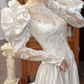 Ivory Vintage Satin Wedding Gown, Illusion Square Neck, Dramatic Puff Shoulder Combined Long Sleeves, Lace Appliqué Fitted Waist, Satin 3D Floral Embroidered Full Skirt, Ruffled Hem, Bridal Prom Dress gh8727
