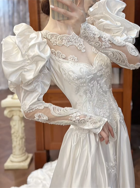 Ivory Vintage Satin Wedding Gown, Illusion Square Neck, Dramatic Puff Shoulder Combined Long Sleeves, Lace Appliqué Fitted Waist, Satin 3D Floral Embroidered Full Skirt, Ruffled Hem, Bridal Prom Dress gh8727