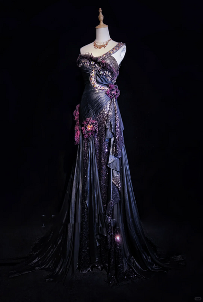 One Shoulder Black Purple Gradient Mermaid Prom Dress Sequins Rhinestones 3D Floral Formal Gown with Train gh9543