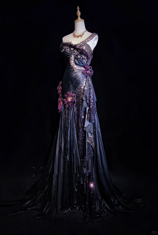 One Shoulder Black Purple Gradient Mermaid Prom Dress Sequins Rhinestones 3D Floral Formal Gown with Train gh9543