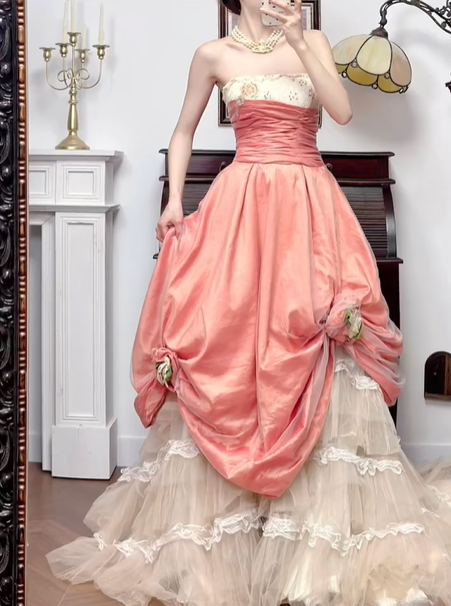 Peach Pink Vintage Strapless Ruched‑Waist 3D‑Floral Tiered‑Tulle Long Prom Gown gh8780