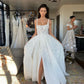 White fantasy square neck slit lace applique long tulle backless bridal gown wedding dress gh2404