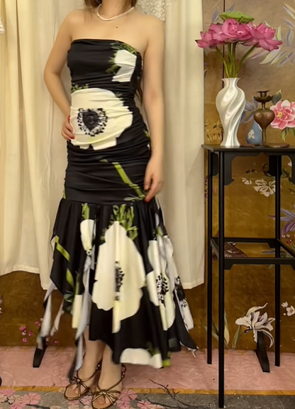 Black Vintage White Print Strapless Fitted Waist Slim Irregular Hem Long Prom & Evening Party Dress gh8407