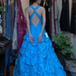 Turquoise Halter Deep V Long Formal Gown Rhinestone Tiered Ruffle Satin Ball Gown gh9657