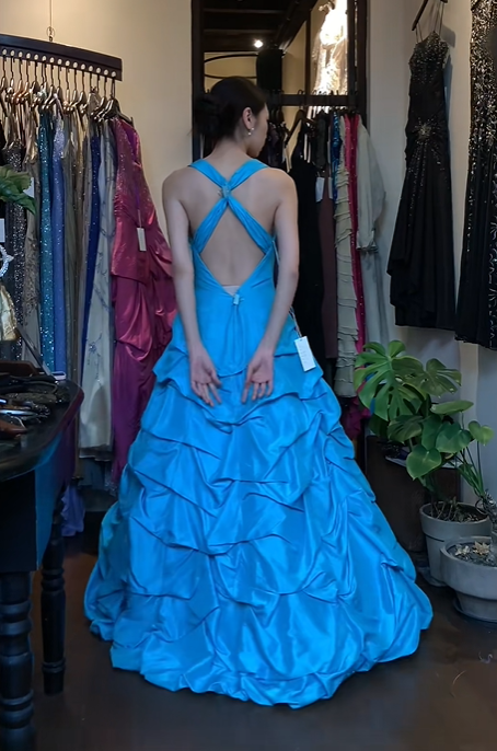 Turquoise Halter Deep V Long Formal Gown Rhinestone Tiered Ruffle Satin Ball Gown gh9657