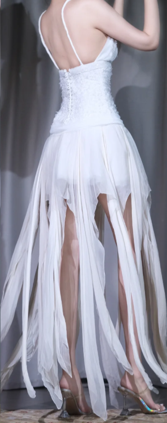 ✨Girlhomeshops-Halter White Fringe Chiffon Evening Gown Deep V Irregular Party Dress gh10036