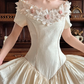 Light Cream Beige Vintage Off‑the‑Shoulder 3D Fabric Floral Short Sleeve Pointed Fitted Waist Full Flared Train Long Prom Gown, Wedding Dress gh8617