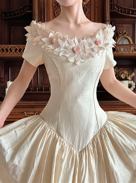 Light Cream Beige Vintage Off‑the‑Shoulder 3D Fabric Floral Short Sleeve Pointed Fitted Waist Full Flared Train Long Prom Gown, Wedding Dress gh8617